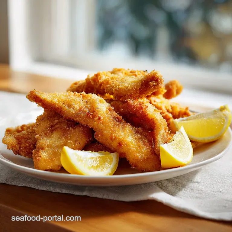 Crispy, pale golden fish on a white plate, garnished with lemon wedges and fresh parsley sprigs.