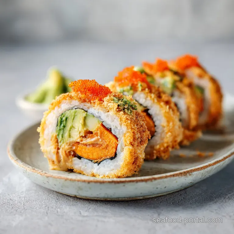 Several colorful sweet potato rolls artfully arranged on a white plate, garnished with vibrant green avocado slices and a ...