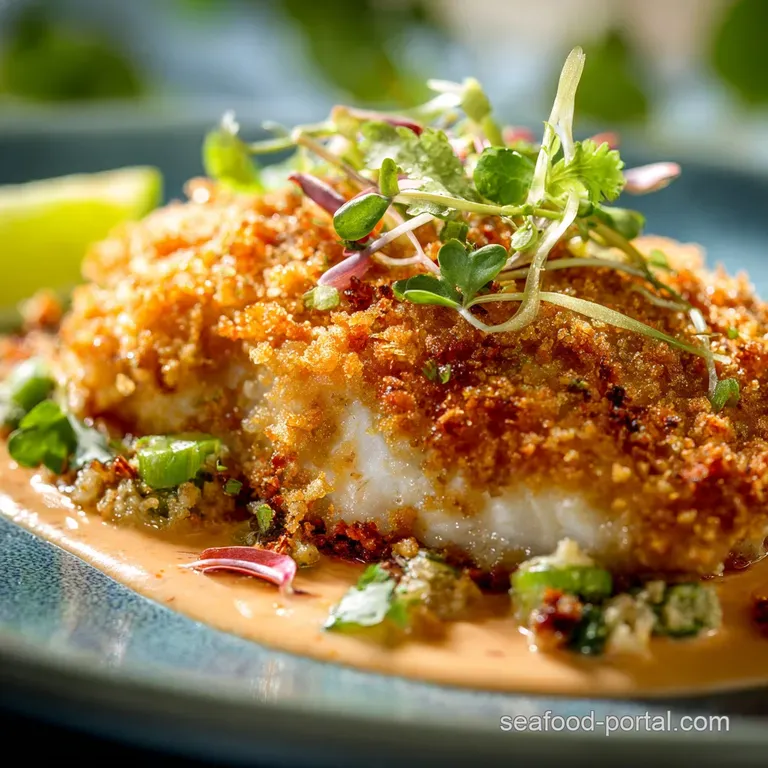 Crispy Tilapia with Golden Panko Crust and Zesty Lemon-Herb Dressing presentation