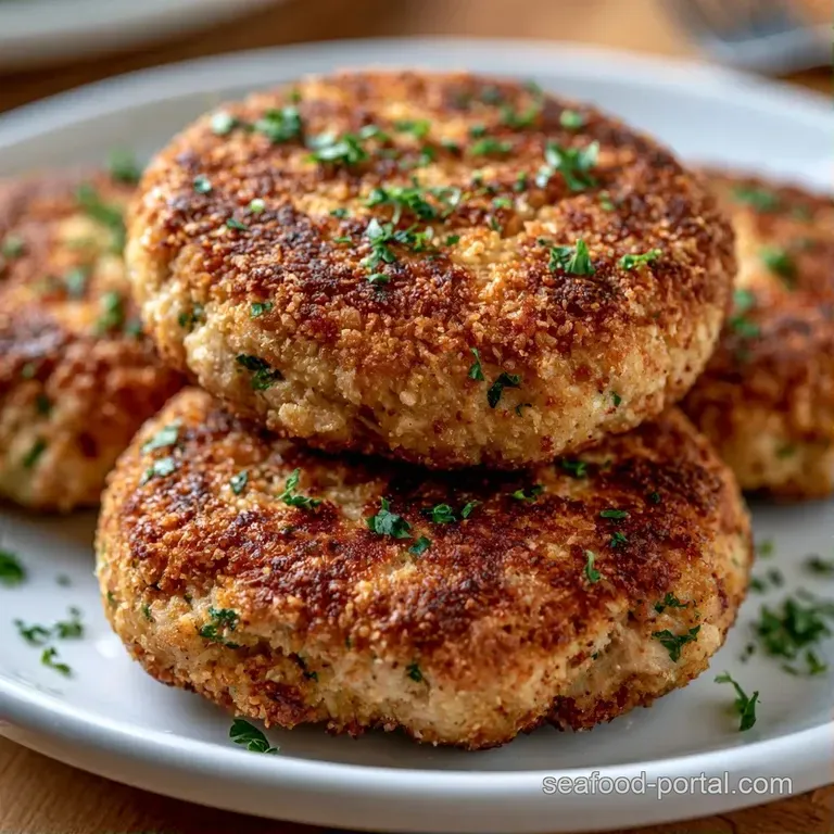 Three seared cakes stacked neatly with a dollop of creamy tartar sauce and a sprig of bright green cilantro.
