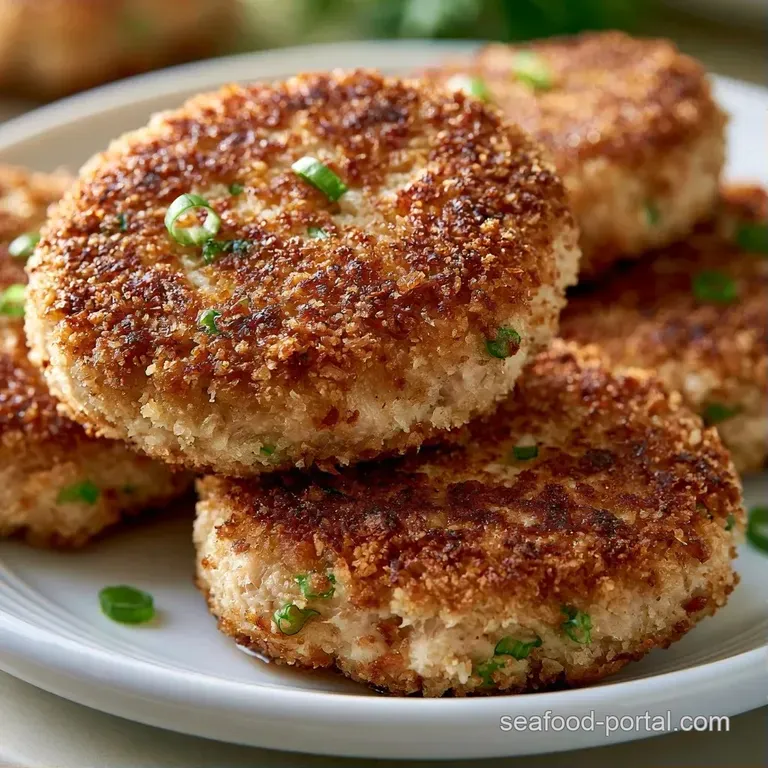 Golden seared cakes arranged neatly on a white ceramic dish with a drizzle of sauce and a sprig of fresh dill.