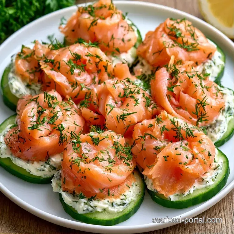Slices of crisp cucumber topped with creamy salmon arranged artfully on a dark slate board with fresh dill sprigs.