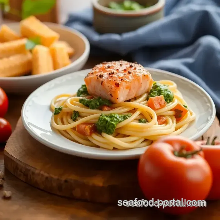 Quick Salmon Pasta with Fresh Pesto Sauce presentation