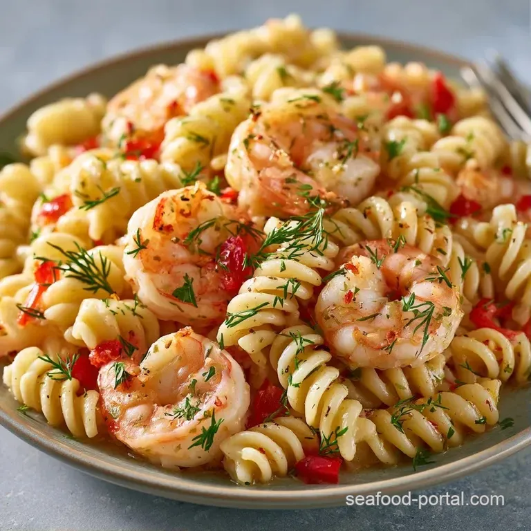 Chilled pasta tossed in a white cream sauce with pink shrimp and fresh dill sprigs on a light blue ceramic platter.