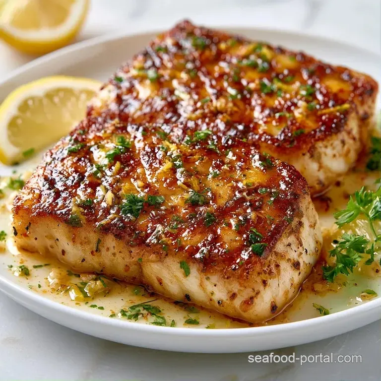 Perfectly seared fish fillet on a ceramic platter with bright lemon slices and fresh green parsley garnish.