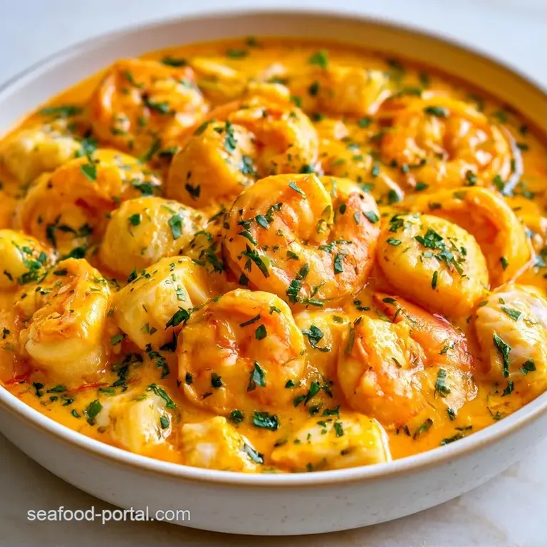 Vibrant golden curry sauce drizzled over succulent seafood on a white plate, topped with fresh green cilantro