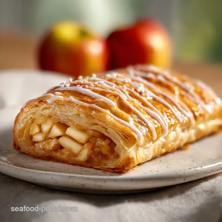 Slice of warm apple strudel with layers of tender apples and crisp pastry, served with a scoop of vanilla ice cream.