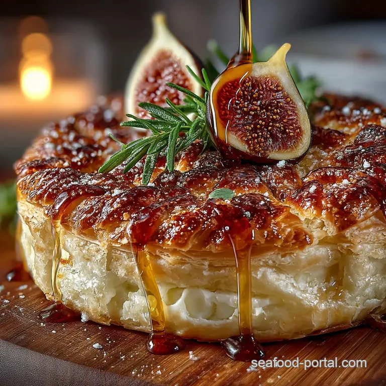 Golden Swaddle Effortless Baked Brie in Flaky Puff Pastry with Fig Rosemary presentation