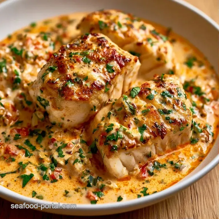 Elegant plating of tender white fish in a glossy coconut cream sauce, accented by a lime wedge and microgreens.
