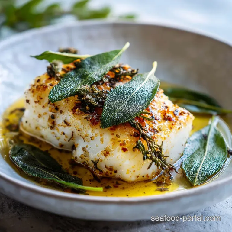 Halibut fillet artfully plated with wilted greens. Golden brown butter pooling. Light reflects off the delicate fish.