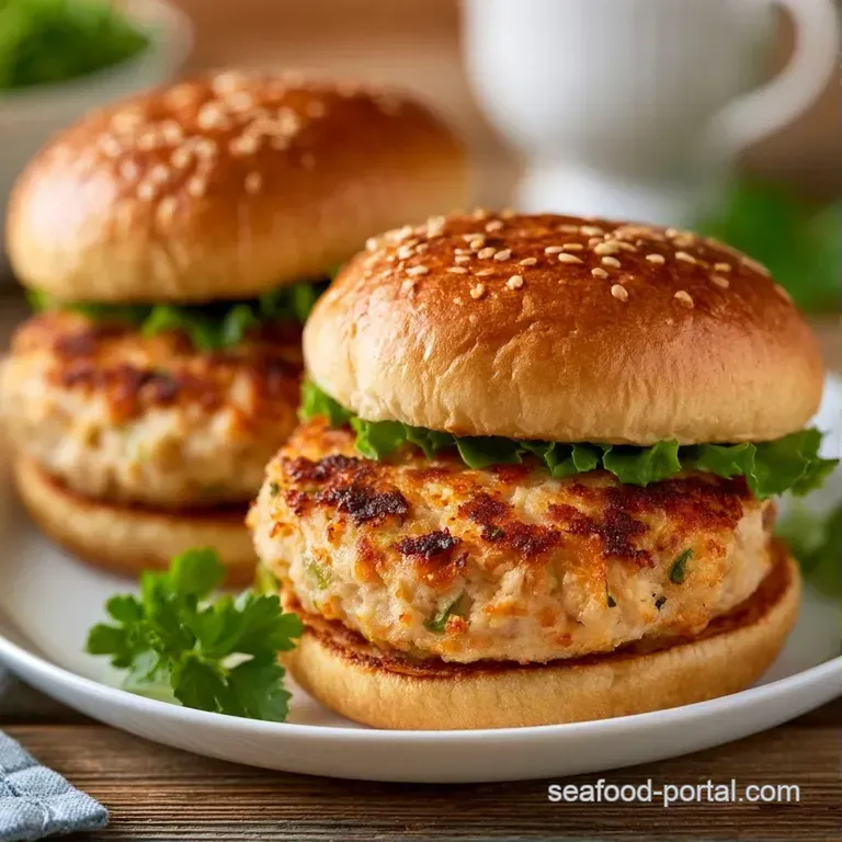 Three golden patties on a white ceramic plate with a side of zesty tartar sauce and a sprig of fresh parsley.
