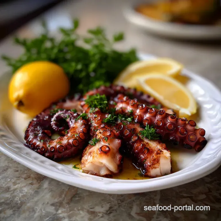 A single, glistening octopus tentacle elegantly curled on a dark plate. Sprinkled with herbs and a drizzle of olive oil.