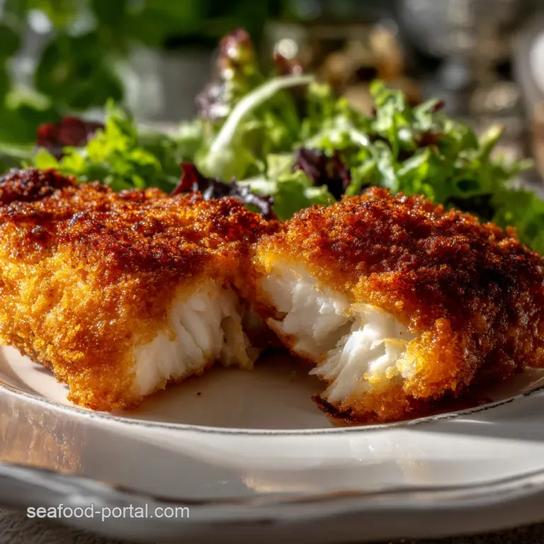 Flaky white cod, perfectly fried with a crunchy exterior, presented on a bed of creamy coleslaw and a drizzle of tartar sa...