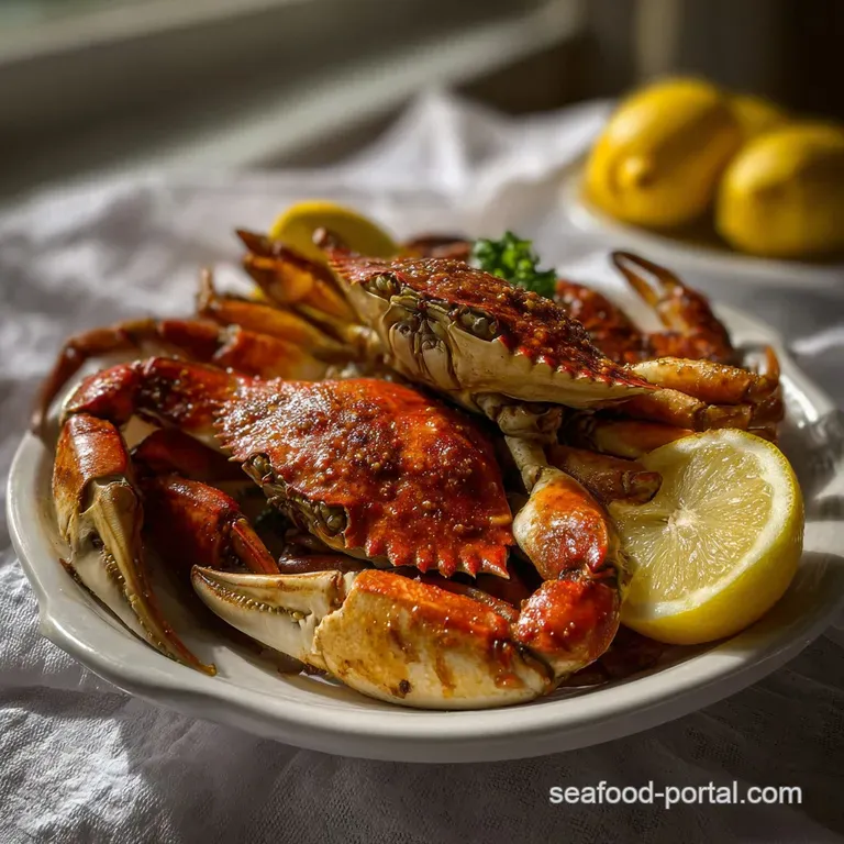 Plated crab legs arranged artfully with lemon slices and Cajun spice dusting. The glistening crab meat offers a tantalizin...