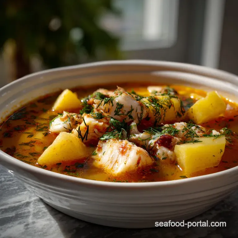 Elegant white bowl filled with creamy fish soup, garnished with parsley and a drizzle of olive oil. Subtle textures and vi...