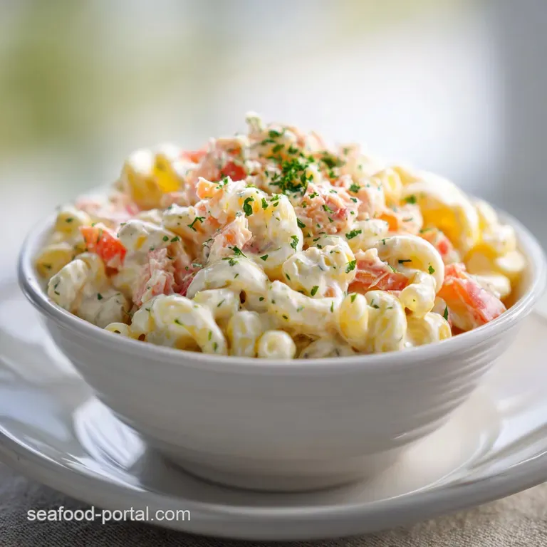 Elegant portion of tuna macaroni salad on a lettuce leaf, sprinkled with paprika. Creamy, light, and appetizing for lunch.