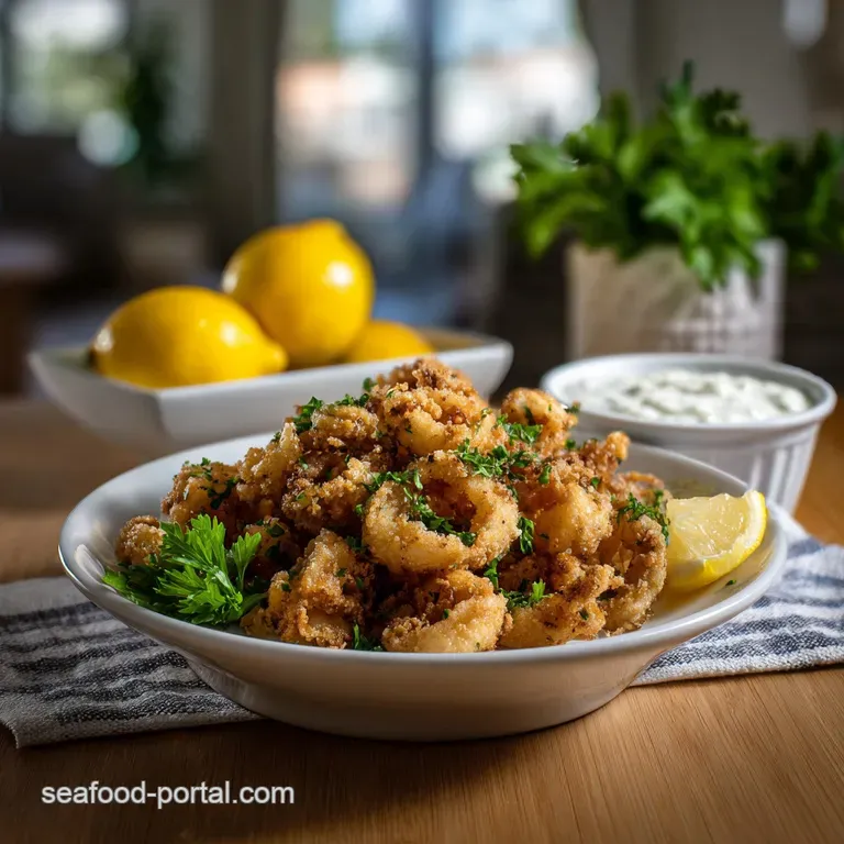 Crisp calamari tentacles and rings stacked with a generous dollop of aioli on a rectangular white plate, scattered herbs, ...