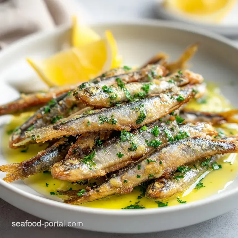 Delicate fried smelt arranged artfully on a plate with vibrant lemon slices and a swirl of creamy sauce. A sprig of fresh ...