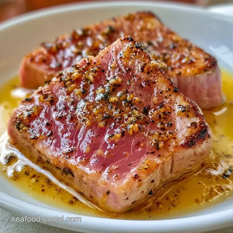 Seared tuna steaks on a matte ceramic plate, garnished with thin lemon slices and a sprinkle of cracked pepper.