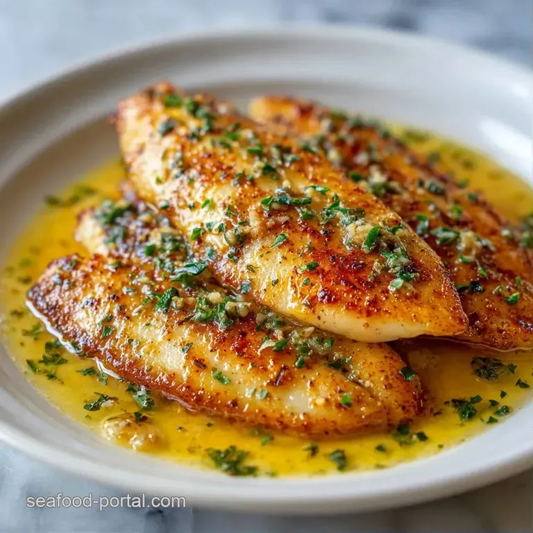 Flaky white fish fillets on a ceramic plate with a bright lemon wedge and a drizzle of herb-infused butter sauce.