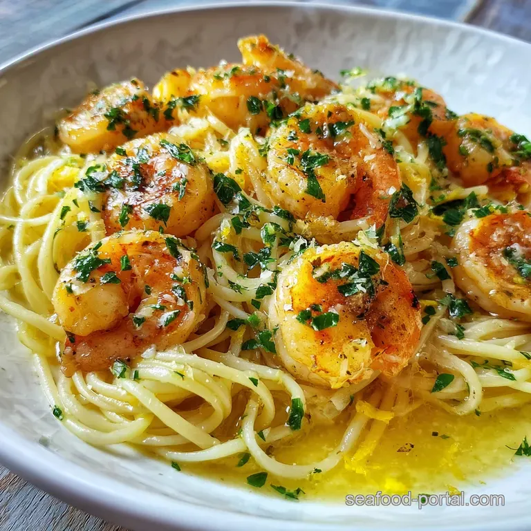 A vibrant plate of pasta tossed with plump shrimp in a light garlic sauce, garnished with fresh parsley and lemon wedges.