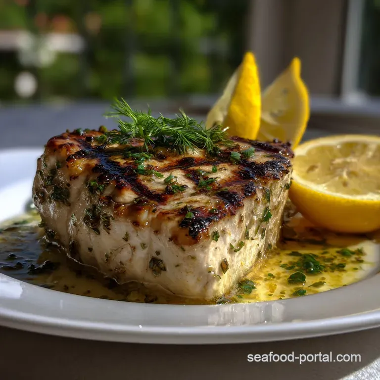 Elegant plate featuring a flaky amberjack fillet, drizzled with lemon herb sauce, alongside a medley of colorful grilled v...
