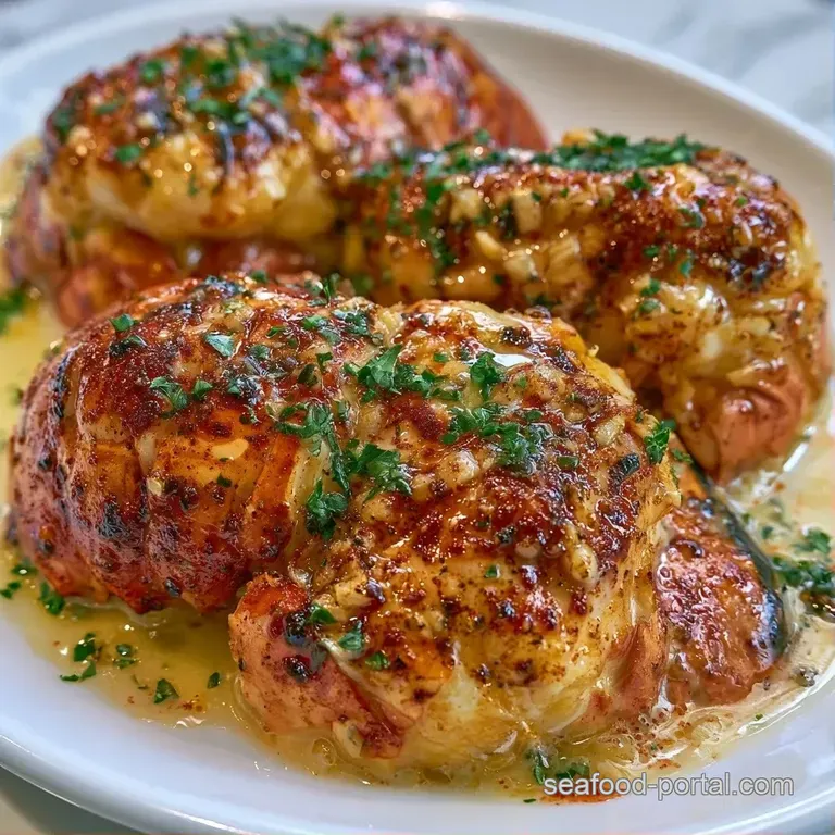 Two bright red lobster tails on a white ceramic plate with lemon wedges and a sprinkle of fresh green herbs.