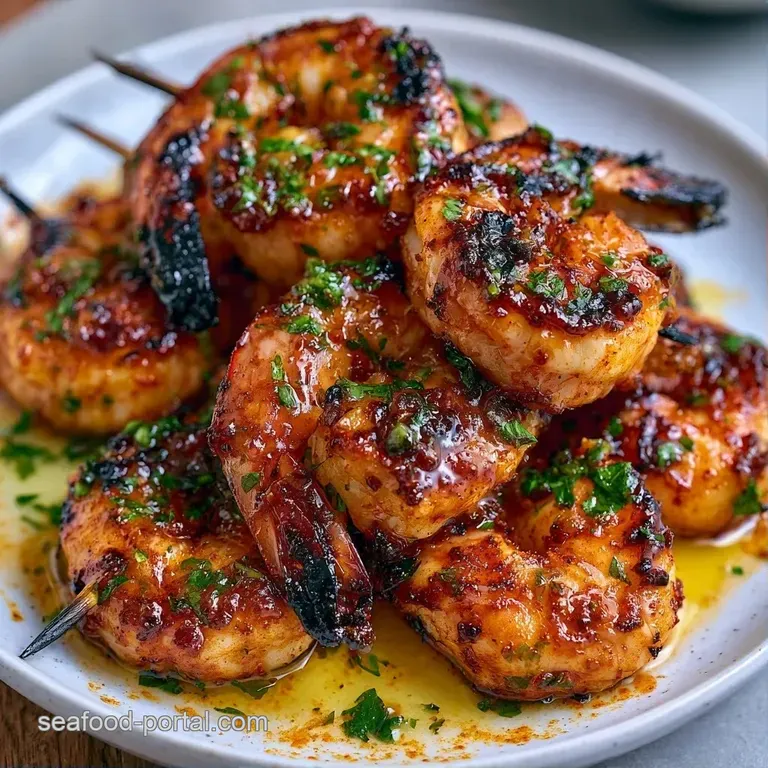 Charred pink prawns on skewers arranged over a bed of lemon slices and fresh parsley on a slate serving board.
