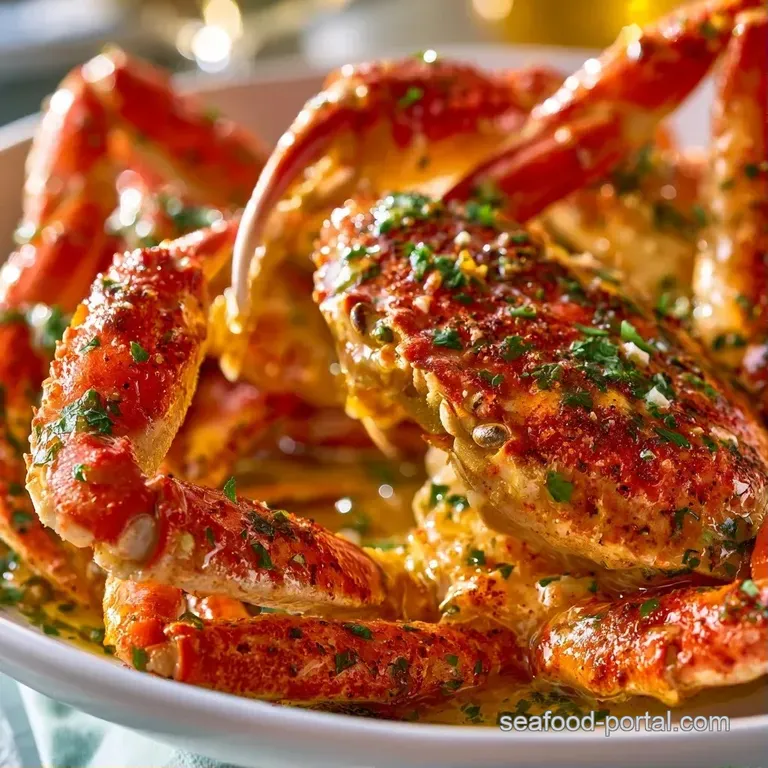 Vibrant red crab legs arranged on a white ceramic platter with bright lemon wedges and a bowl of melted butter.