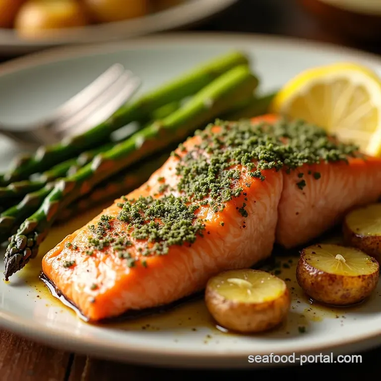 LemonHerb Crusted Salmon with Roasted Asparagus Fingerling Potatoes presentation