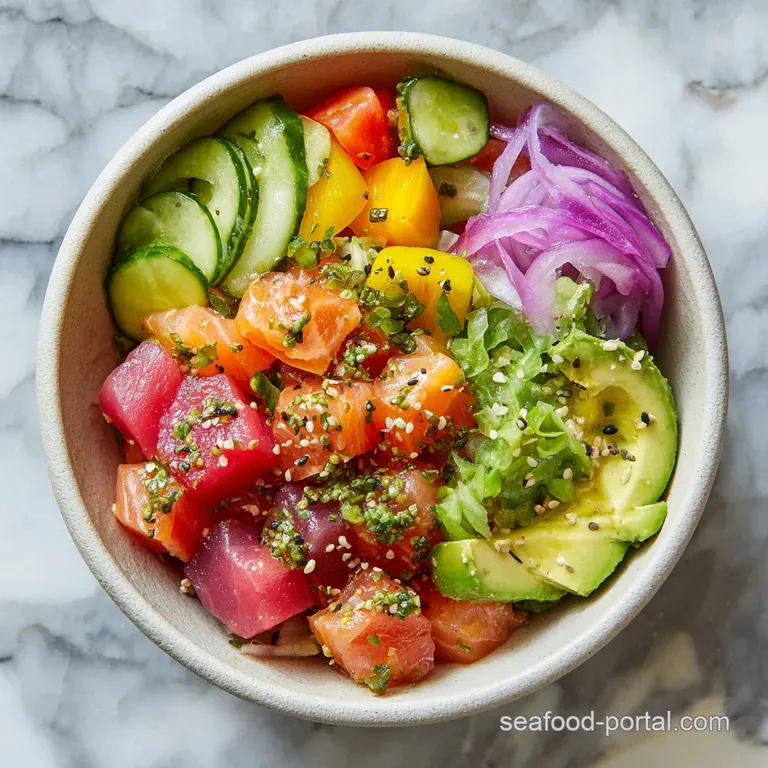 Artfully arranged poke bowl featuring glistening tuna, bright green seaweed salad, and creamy avocado slices, ready to be ...