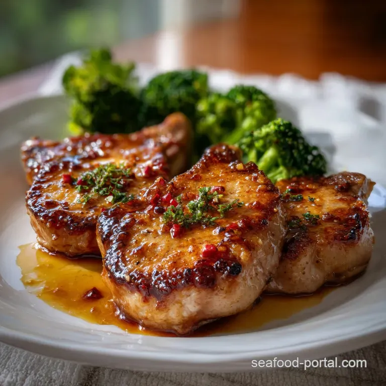 Tender pork chop, glistening with sauce, artfully arranged on a white plate alongside a sprig of fresh herbs. Elegant and ...