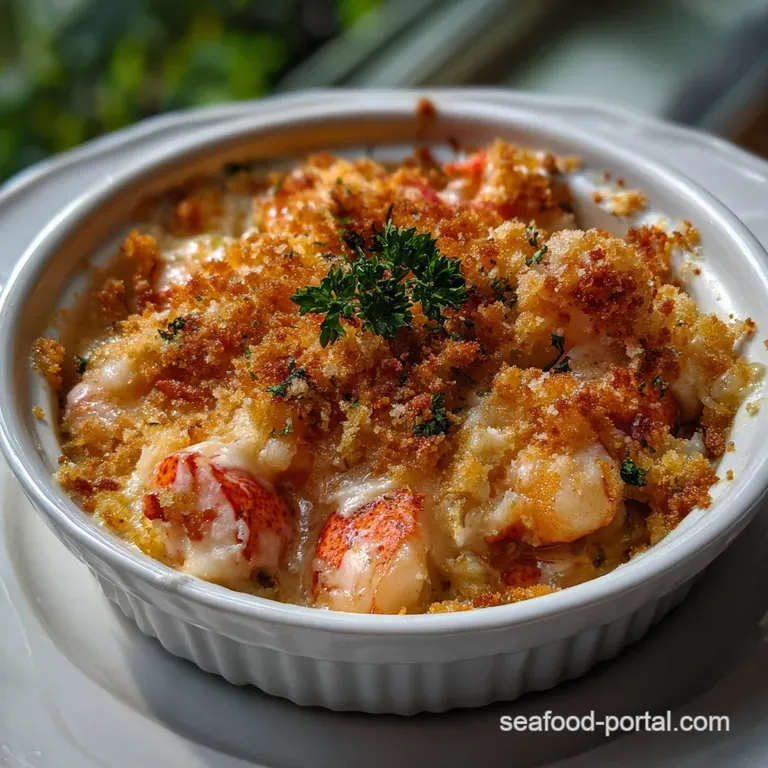 Elegant white plate showcasing succulent lobster pieces in a rich, creamy sauce. Garnished with fresh herbs and a hint of ...