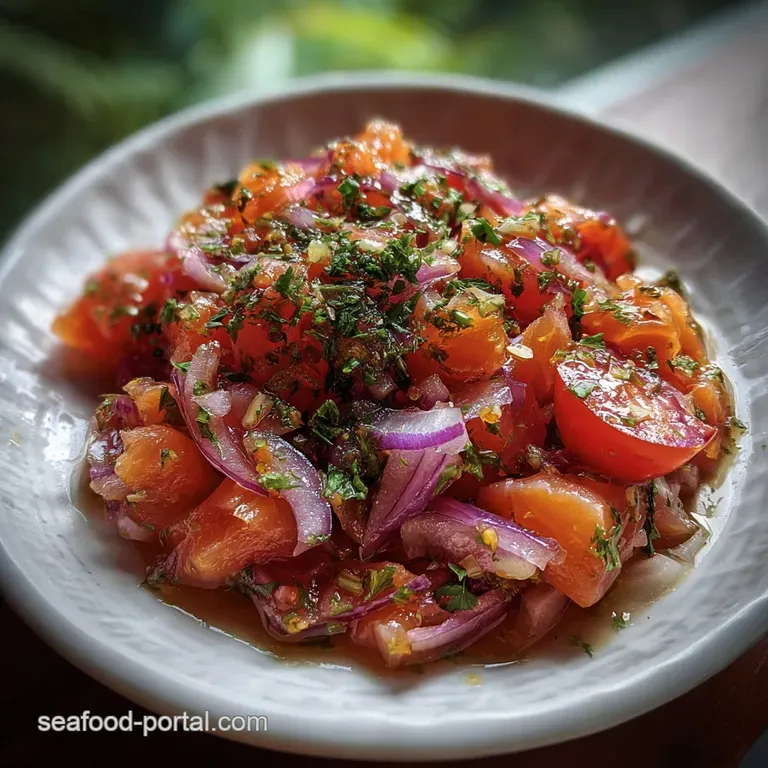 A tower of diced salmon salad bursts with color, topped with microgreens, evoking freshness and a light, airy texture.