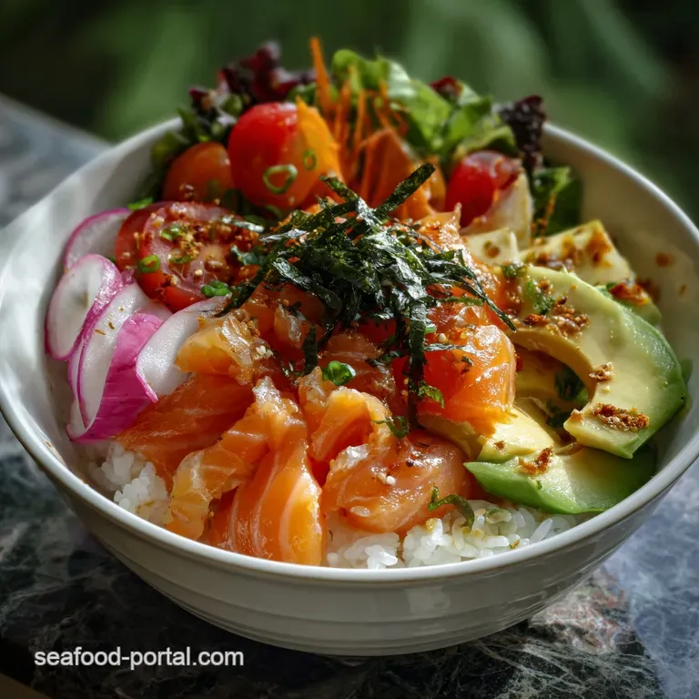 Elegant chirashi bowl presentation. Flaky salmon and fresh avocado fan out artfully on sushi rice, complemented by a delic...