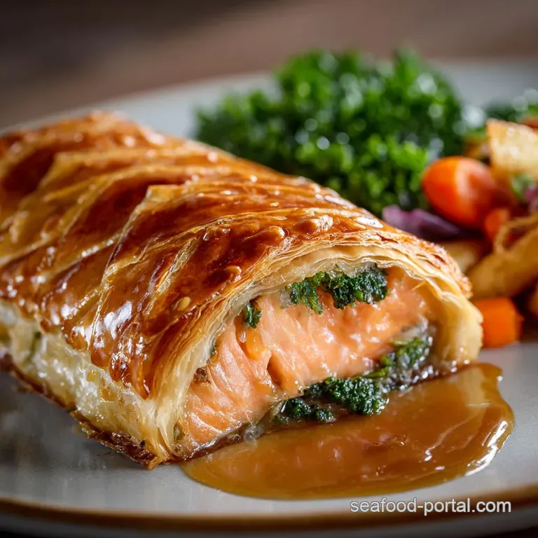 Salmon Wellington: Puff Pastry Perfection with Dill and Lemon Cr&egrave;me presentation
