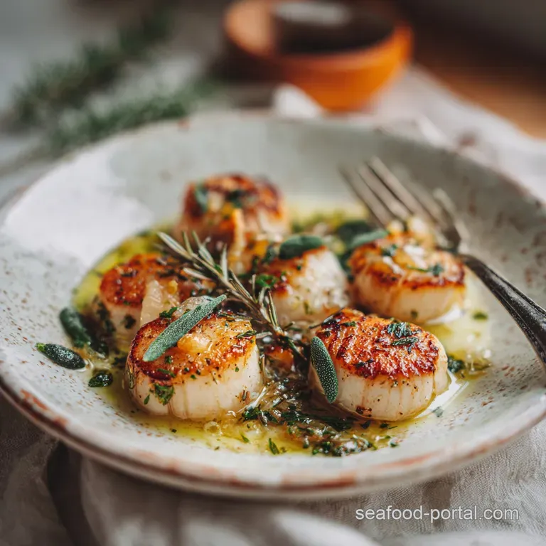 Perfectly seared scallops arranged on a plate, swimming in a light, glistening sauce with vibrant tomatoes and herbs as ga...