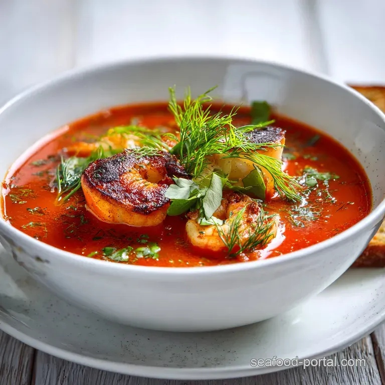 Steaming bowl of tomato soup filled with mussels, shrimp, and fennel. Crusty bread on the side invites dipping.