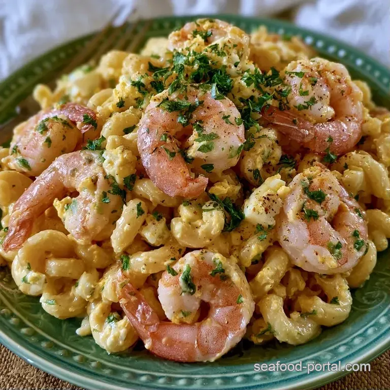 Chilled scoop of creamy pasta and shrimp salad garnished with fresh parsley on a modern dark slate platter.