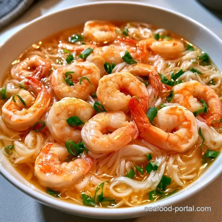 Elegant white ceramic bowl filled with plump pink prawns and translucent noodles topped with fresh sliced scallions.
