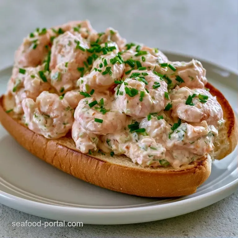 Two toasted rolls filled with creamy shrimp salad on a white platter with lemon wedges and fresh parsley garnishes.