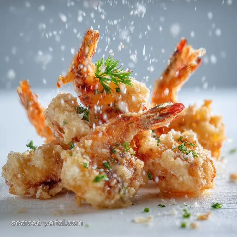 Tall stack of shrimp tempura on a modern white plate. Delicate batter shimmers in the light, a sprig of parsley adds fresh...