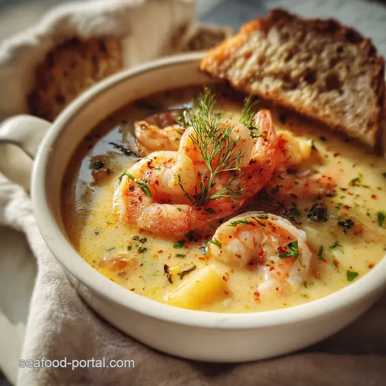 Elegant bowl of shrimp chowder, garnished with fresh herbs and a swirl of cream, showcasing its comforting warmth and vibr...