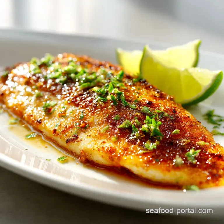 A single, moist baked white fish fillet with zest, herbs and a bright lemon wedge on a white plate.