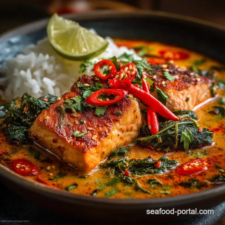 CoconutKissed Thai Red Curry with PanSeared Salmon Fillets presentation