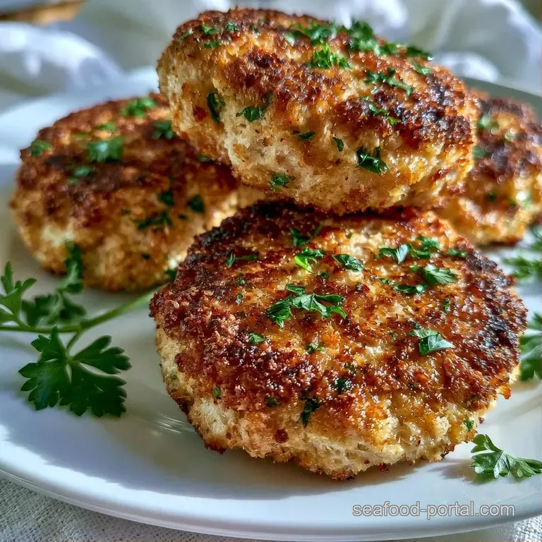 Three seared patties arranged on a ceramic platter with fresh parsley sprigs and bright yellow lemon slices.
