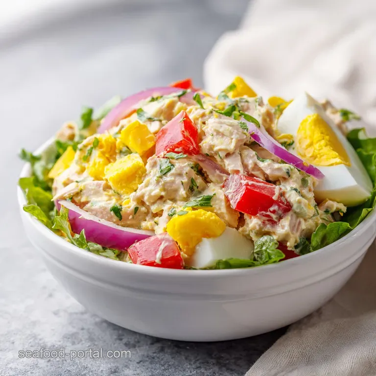 A vibrant mound of tuna salad crowned with a parsley sprig, nestled beside crisp lettuce on a white plate.