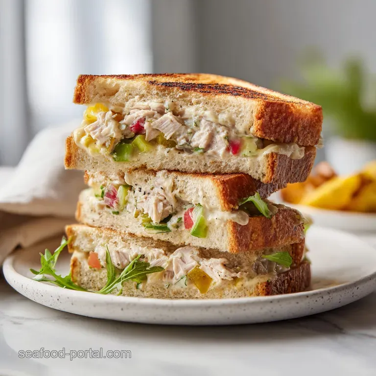 A neat stack of tuna salad sandwiches on toasted bread, artfully arranged with a side of pickles.