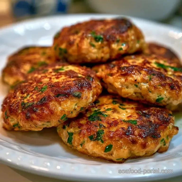 Three seared fish cakes stacked on a white ceramic plate with a dollop of creamy sauce and a bright yellow lemon wedge.