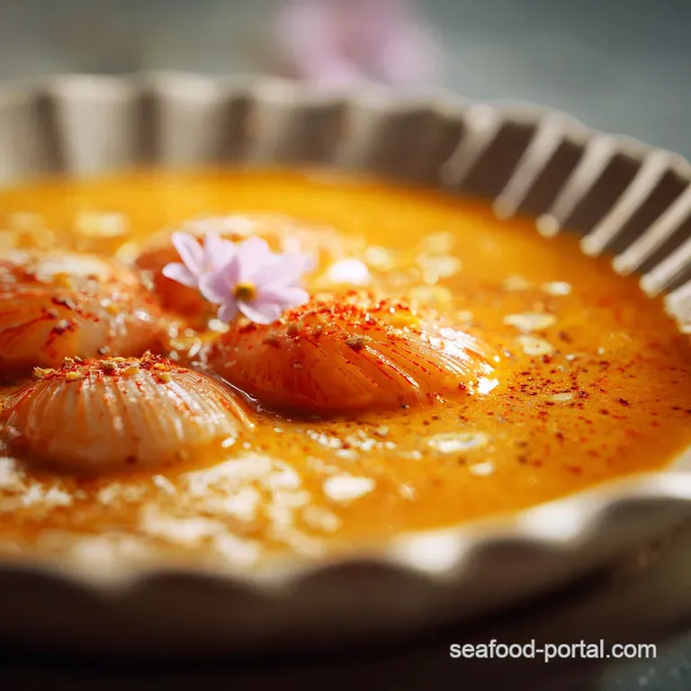 Close-up of a delicately arranged seafood soup; creamy white broth contrasts with the bright uni and scattered herbs.